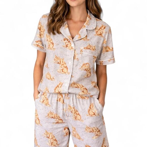 Source Unknown Other - Source Unknown Gray Cat Print Short Sleeve Pajama Set